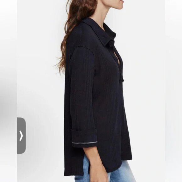 We The Free FP Annie Ribbed Collared Top Pullover Preppy Oversized size S Navy - Picture 2 of 12